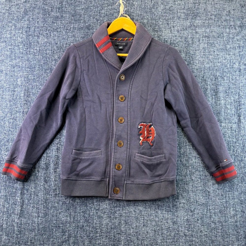 Tommy Hilfiger Cardigan Boys L 12-14 Navy Blue Cotton Blend Varsity Shawl Collar